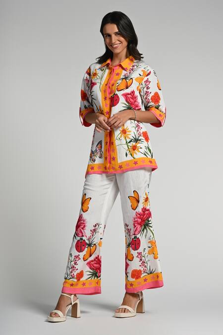 Buy_Taroob_Multi Color Linen Collared Fleur De Rove Co-ord Set