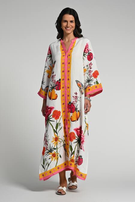 Taroob_Multi Color Linen Embroidery V-neck Fleur De Rove Kaftan_Online_at_Aza_Fashions