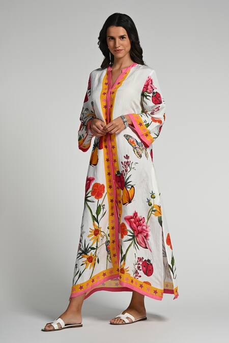 Buy_Taroob_Multi Color Linen Embroidery V-neck Fleur De Rove Kaftan_Online_at_Aza_Fashions