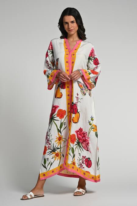 Taroob_Multi Color Linen Embroidery V-neck Fleur De Rove Kaftan_at_Aza_Fashions