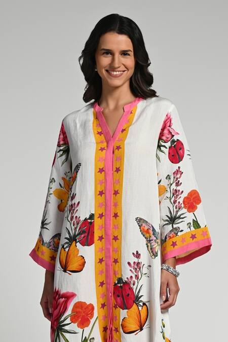 Buy_Taroob_Multi Color Linen Embroidery V-neck Fleur De Rove Kaftan