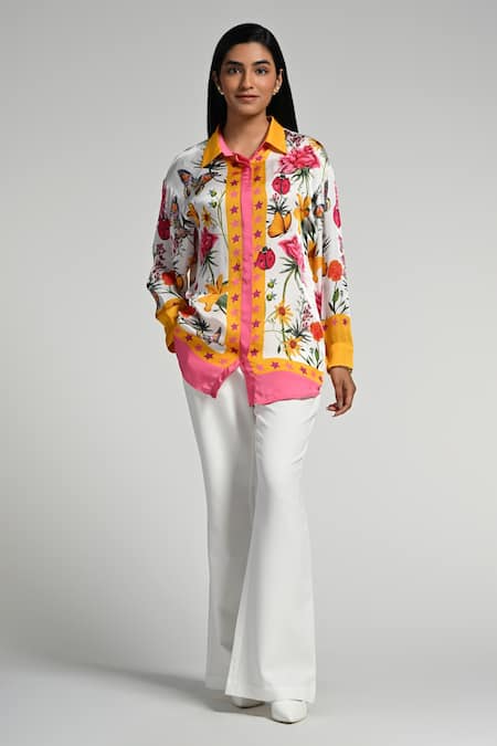 Taroob Multi Color Silk Satin Collared Fleur De Reve Shirt