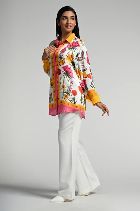 Shop Taroob Multi Color Silk Satin Collared Fleur De Reve Shirt Online at Aza Fashions Shop_Taroob_Multi Color Silk Satin Collared Fleur De Reve Shirt _Online_at_Aza_Fashions