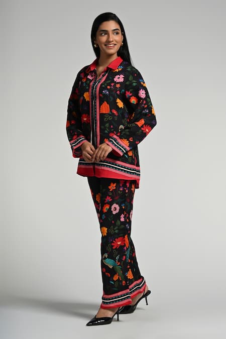 Taroob_Black Linen Embroidery Collared Bageecha Co-ord Set_Online_at_Aza_Fashions