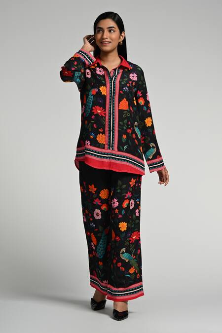 Buy_Taroob_Black Linen Embroidery Collared Bageecha Co-ord Set_Online_at_Aza_Fashions