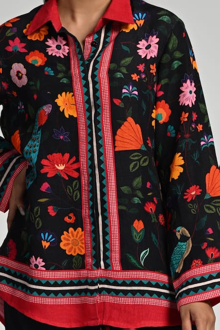 Shop_Taroob_Black Linen Embroidery Collared Bageecha Co-ord Set_Online_at_Aza_Fashions