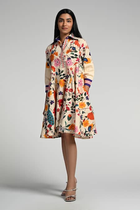 Taroob Multi Color Cotton, Poplin Embroidery Collared Bageecha Midi Dress 