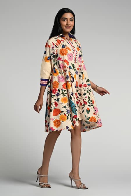 Taroob Multi Color Cotton, Poplin Embroidery Collared Bageecha Midi Dress Online at Aza Fashions Taroob_Multi Color Cotton, Poplin Embroidery Collared Bageecha Midi Dress _Online_at_Aza_Fashions