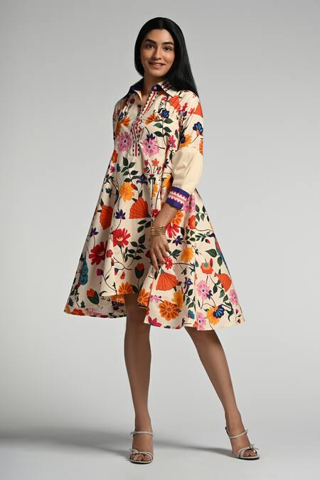 Buy Taroob Multi Color Cotton, Poplin Embroidery Collared Bageecha Midi Dress Online at Aza Fashions Buy_Taroob_Multi Color Cotton, Poplin Embroidery Collared Bageecha Midi Dress _Online_at_Aza_Fashions