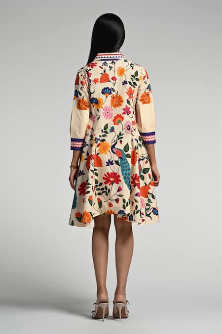 Shop Taroob Multi Color Cotton, Poplin Embroidery Collared Bageecha Midi Dress at Aza Fashions Shop_Taroob_Multi Color Cotton, Poplin Embroidery Collared Bageecha Midi Dress _at_Aza_Fashions