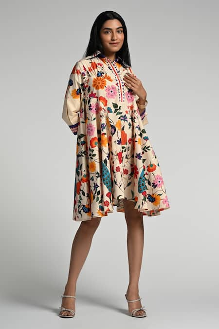 Shop Taroob Multi Color Cotton, Poplin Embroidery Collared Bageecha Midi Dress Online at Aza Fashions Shop_Taroob_Multi Color Cotton, Poplin Embroidery Collared Bageecha Midi Dress _Online_at_Aza_Fashions