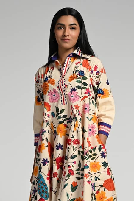 Taroob Multi Color Cotton, Poplin Embroidery Collared Bageecha Midi Dress at Aza Fashions Taroob_Multi Color Cotton, Poplin Embroidery Collared Bageecha Midi Dress _at_Aza_Fashions