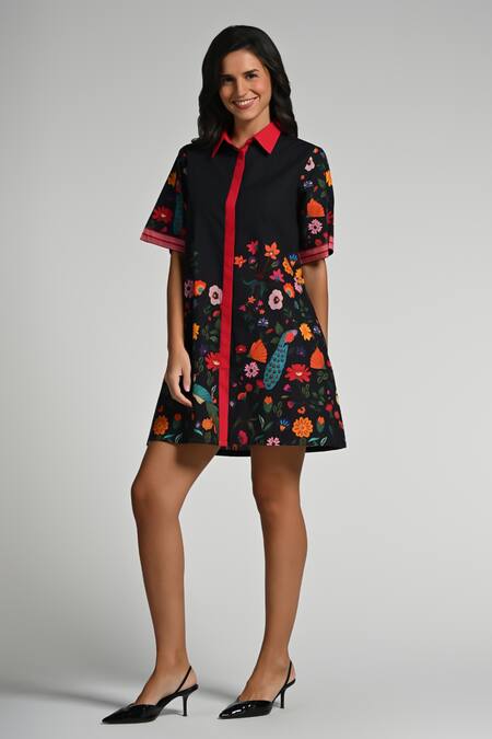 Taroob_Black Cotton, Poplin Embroidery Collared Bageecha Dress_Online_at_Aza_Fashions