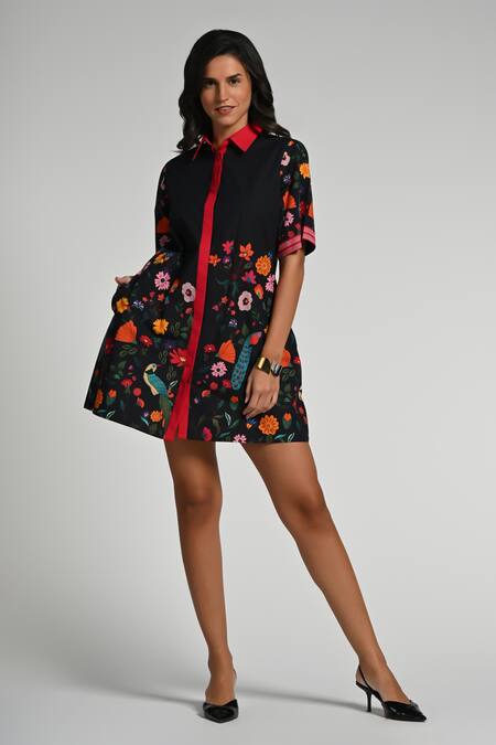 Buy_Taroob_Black Cotton, Poplin Embroidery Collared Bageecha Dress_Online_at_Aza_Fashions