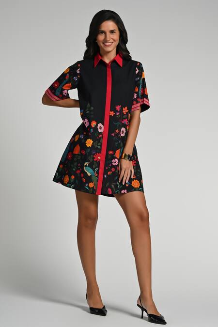 Shop_Taroob_Black Cotton, Poplin Embroidery Collared Bageecha Dress_Online_at_Aza_Fashions