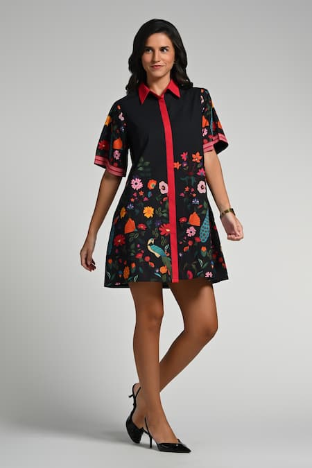 Taroob Black Cotton, Poplin Embroidery Collared Bageecha Dress 