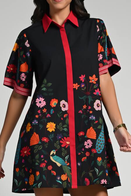 Taroob_Black Cotton, Poplin Embroidery Collared Bageecha Dress_at_Aza_Fashions