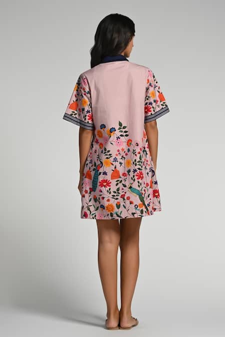 Shop Taroob Pink Cotton, Poplin Collared Bageecha Floral Dress at Aza Fashions Shop_Taroob_Pink Cotton, Poplin Collared Bageecha Floral Dress _at_Aza_Fashions