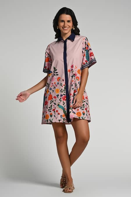 Taroob Pink Cotton, Poplin Collared Bageecha Floral Dress Online at Aza Fashions Taroob_Pink Cotton, Poplin Collared Bageecha Floral Dress _Online_at_Aza_Fashions