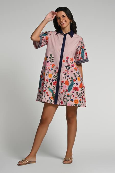 Buy Taroob Pink Cotton, Poplin Collared Bageecha Floral Dress Online at Aza Fashions Buy_Taroob_Pink Cotton, Poplin Collared Bageecha Floral Dress _Online_at_Aza_Fashions