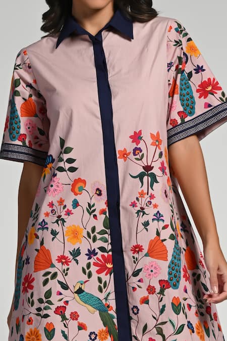Shop Taroob Pink Cotton, Poplin Collared Bageecha Floral Dress Online at Aza Fashions Shop_Taroob_Pink Cotton, Poplin Collared Bageecha Floral Dress _Online_at_Aza_Fashions