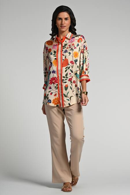 Taroob Multi Color Silk, Modal, Satin Embroidery Collared Bageecha Shirt Online at Aza Fashions Taroob_Multi Color Silk, Modal, Satin Embroidery Collared Bageecha Shirt_Online_at_Aza_Fashions