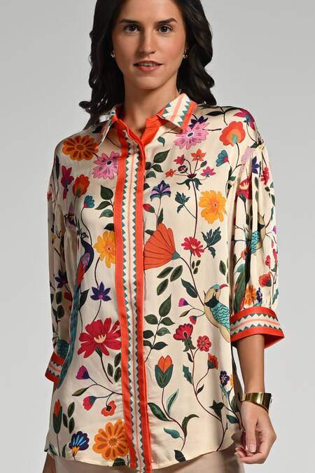 Taroob Multi Color Silk, Modal, Satin Embroidery Collared Bageecha Shirt at Aza Fashions Taroob_Multi Color Silk, Modal, Satin Embroidery Collared Bageecha Shirt_at_Aza_Fashions