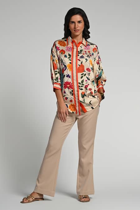 Taroob Multi Color Silk, Modal, Satin Embroidery Collared Bageecha Shirt 