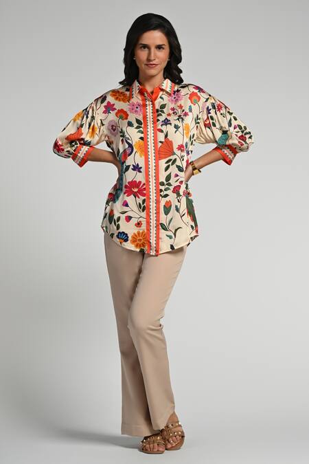 Buy Taroob Multi Color Silk, Modal, Satin Embroidery Collared Bageecha Shirt Buy_Taroob_Multi Color Silk, Modal, Satin Embroidery Collared Bageecha Shirt