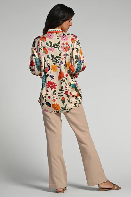 Shop Taroob Multi Color Silk, Modal, Satin Embroidery Collared Bageecha Shirt at Aza Fashions Shop_Taroob_Multi Color Silk, Modal, Satin Embroidery Collared Bageecha Shirt_at_Aza_Fashions