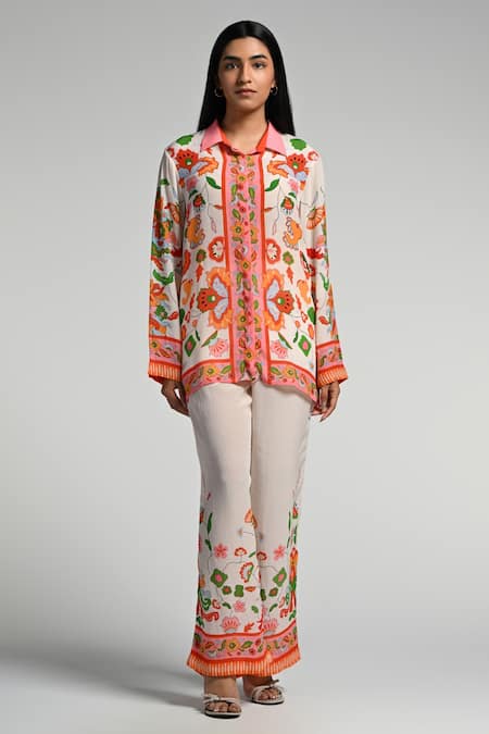 Taroob_Multi Color Crepe Embroidery Collared Floral Utopia Co-ord Set_Online_at_Aza_Fashions