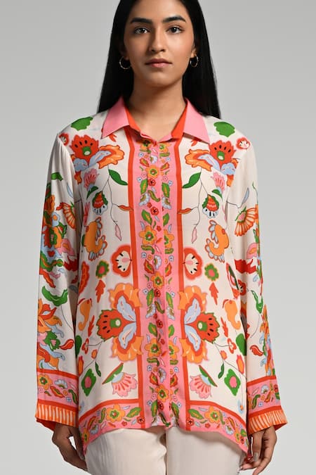 Buy_Taroob_Multi Color Crepe Embroidery Collared Floral Utopia Co-ord Set_Online_at_Aza_Fashions