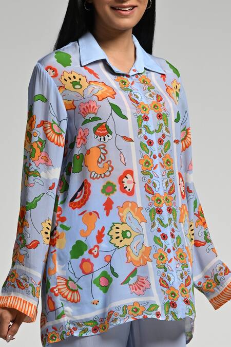 Taroob_Sky Blue Crepe Embroidery Collared Floral Utopia Co-ord Set_Online_at_Aza_Fashions