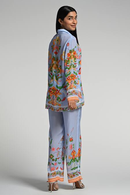 Shop_Taroob_Sky Blue Crepe Embroidery Collared Floral Utopia Co-ord Set_Online_at_Aza_Fashions