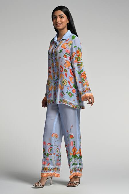 Taroob_Sky Blue Crepe Embroidery Collared Floral Utopia Co-ord Set_at_Aza_Fashions