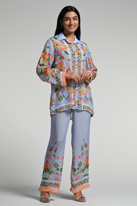 Taroob Sky Blue Crepe Embroidery Collared Floral Utopia Co-ord Set 
