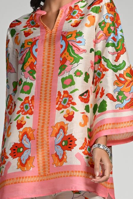 Taroob_Multi Color Silk, Linen, Modal Embroidery Mandarin Floral Utopia Tunic Set_Online_at_Aza_Fashions