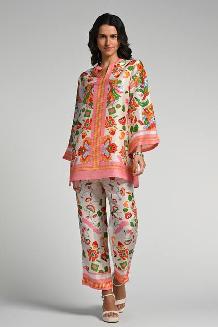Buy_Taroob_Multi Color Silk, Linen, Modal Embroidery Mandarin Floral Utopia Tunic Set_Online_at_Aza_Fashions