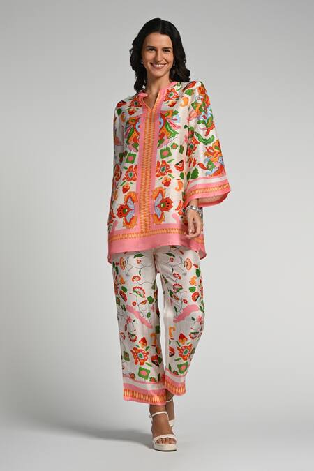Shop_Taroob_Multi Color Silk, Linen, Modal Embroidery Mandarin Floral Utopia Tunic Set_Online_at_Aza_Fashions