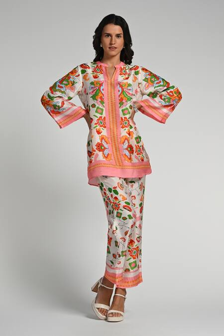 Taroob_Multi Color Silk, Linen, Modal Embroidery Mandarin Floral Utopia Tunic Set_at_Aza_Fashions