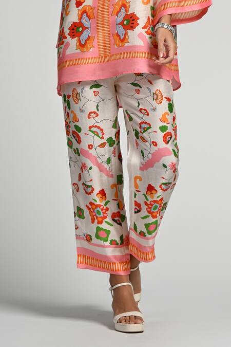 Buy_Taroob_Multi Color Silk, Linen, Modal Embroidery Mandarin Floral Utopia Tunic Set