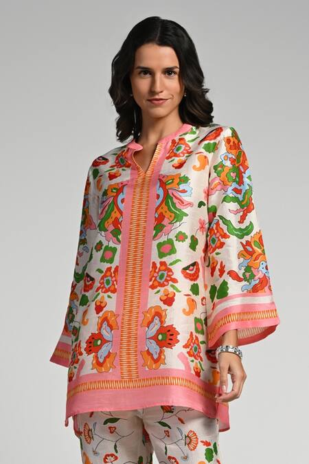 Shop_Taroob_Multi Color Silk, Linen, Modal Embroidery Mandarin Floral Utopia Tunic Set