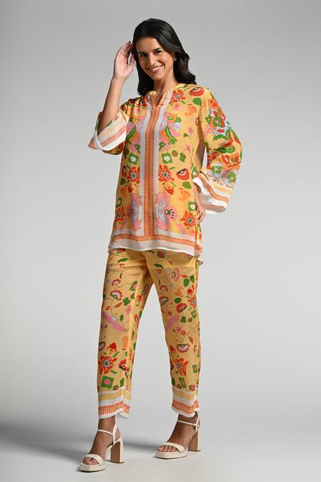 Taroob_Yellow Crepe Embroidery Split V-neck Floral Utopia Tunic Set _at_Aza_Fashions