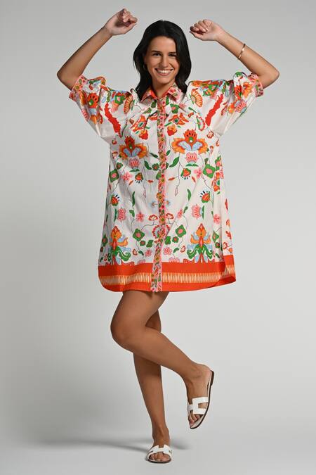 Shop Taroob Multi Color Cotton, Poplin Collared Floral Utopia Dress Online at Aza Fashions Shop_Taroob_Multi Color Cotton, Poplin Collared Floral Utopia Dress _Online_at_Aza_Fashions