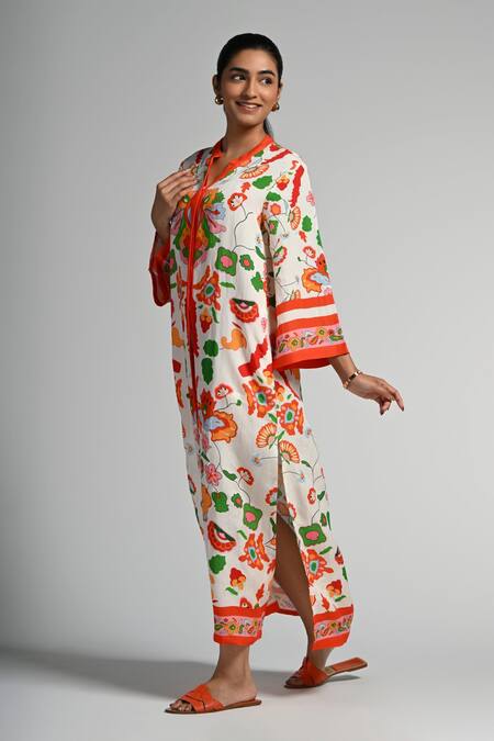 Buy_Taroob_Multi Color Linen Embroidery V-neck Floral Utopia Kaftan_Online_at_Aza_Fashions