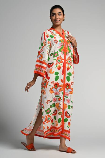 Shop_Taroob_Multi Color Linen Embroidery V-neck Floral Utopia Kaftan_Online_at_Aza_Fashions