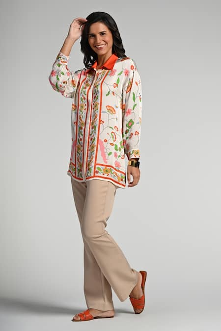 Buy_Taroob_Multi Color Silk Satin, Modal Embroidery Collared Floral Utopia Shirt_Online_at_Aza_Fashions