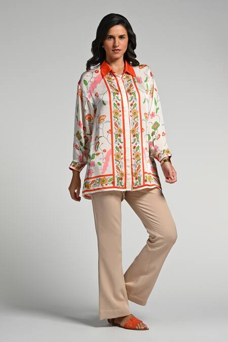 Shop_Taroob_Multi Color Silk Satin, Modal Embroidery Collared Floral Utopia Shirt_Online_at_Aza_Fashions