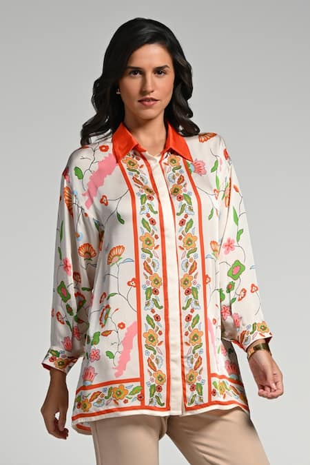 Taroob_Multi Color Silk Satin, Modal Embroidery Collared Floral Utopia Shirt_at_Aza_Fashions