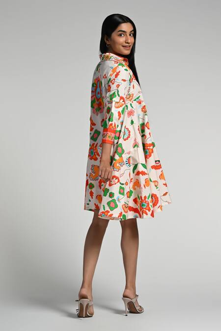 Taroob Multi Color Cotton, Poplin Collared Floral Utopia Midi Dress Online at Aza Fashions Taroob_Multi Color Cotton, Poplin Collared Floral Utopia Midi Dress _Online_at_Aza_Fashions